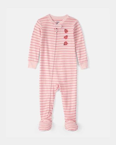 Toddler Girl Ladybug Striped 100% Cotton Snug Fit 1-Piece Pyjama Set - Pink
