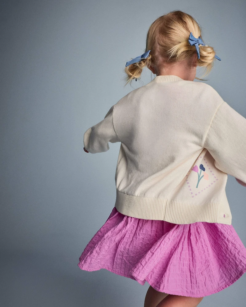 Toddler Girl Embroidered Cardigan Sweater with Flowers - Cream