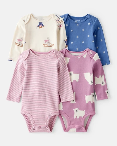Baby Girl 4-Pack Polar Bear Print Cotton Long-Sleeve Multipack Bodysuits - White/Purple/Blue
