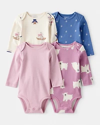 Baby Girl 4-Pack Polar Bear Print Cotton Long-Sleeve Multipack Bodysuits - White/Purple/Blue