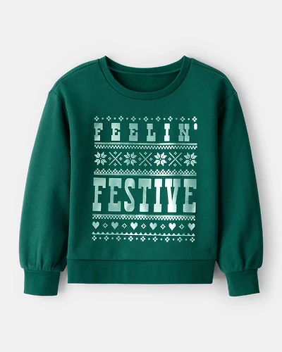 Girls Christmas Festive Long-Sleeve Pullover Sweatshirt - Green