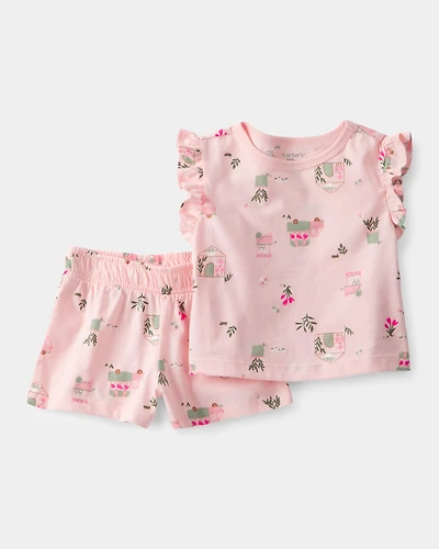 Baby Girl 2-Piece Flower Truck Top & Short Set - Pink