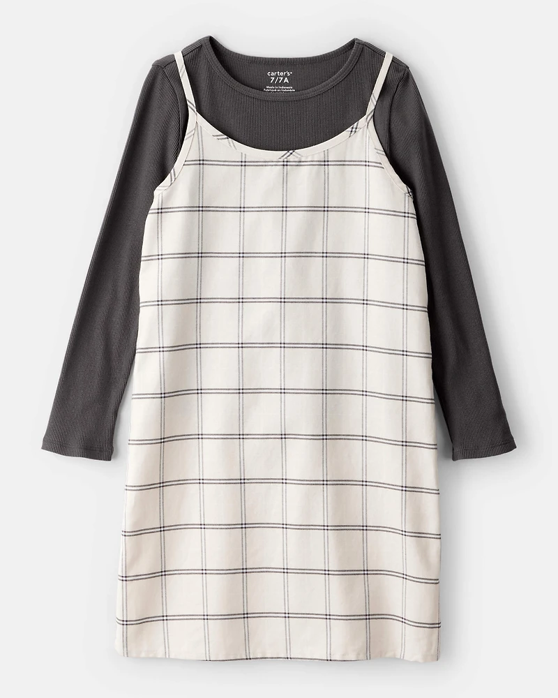 Girls 2-Piece Plaid Long-Sleeve Dress Set - White