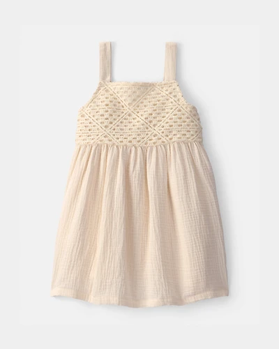 Toddler Girl Crochet Gauze Dress - Cream