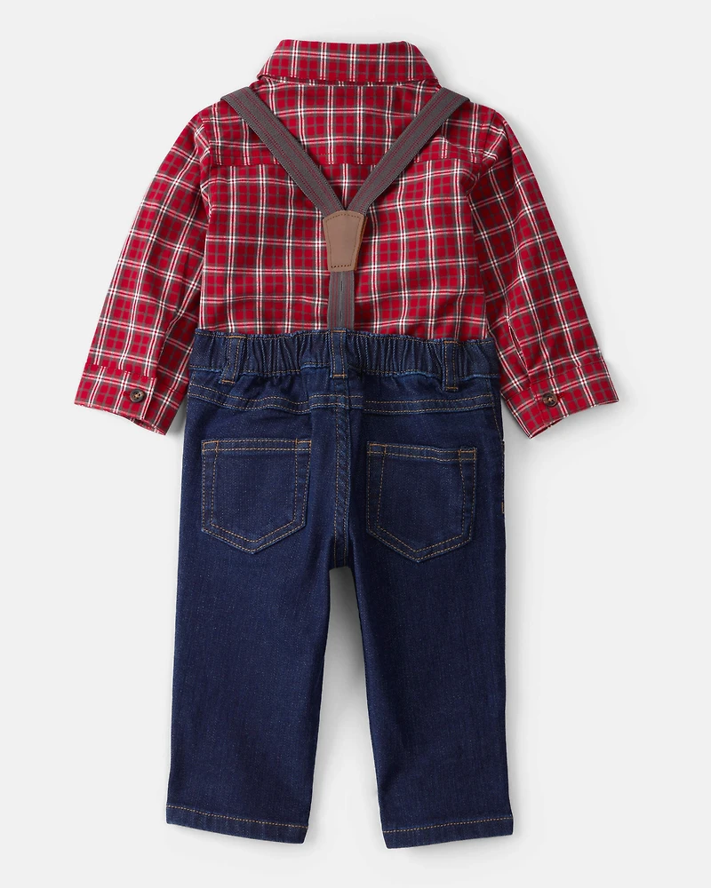 Baby Boy 3-Piece Plaid Print Long-Sleeve Shirt & Suspender Pant Set - Red/Denim