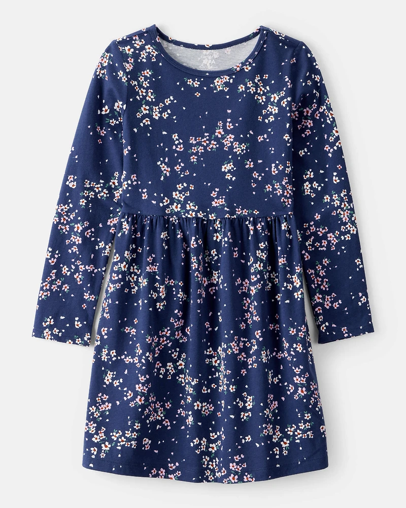 Girls Floral Print Long Sleeve Cotton Dress - Navy