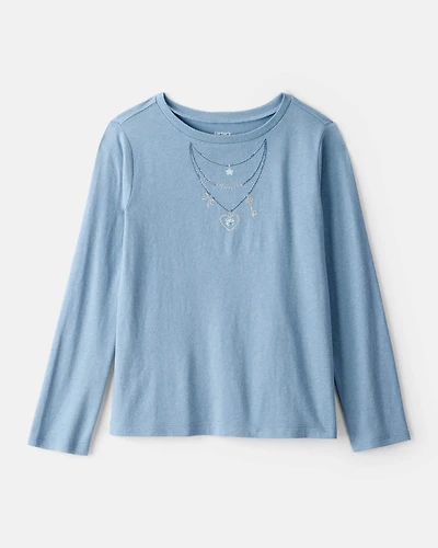 Girls Charm Necklace Long-Sleeve Graphic Tee - Blue
