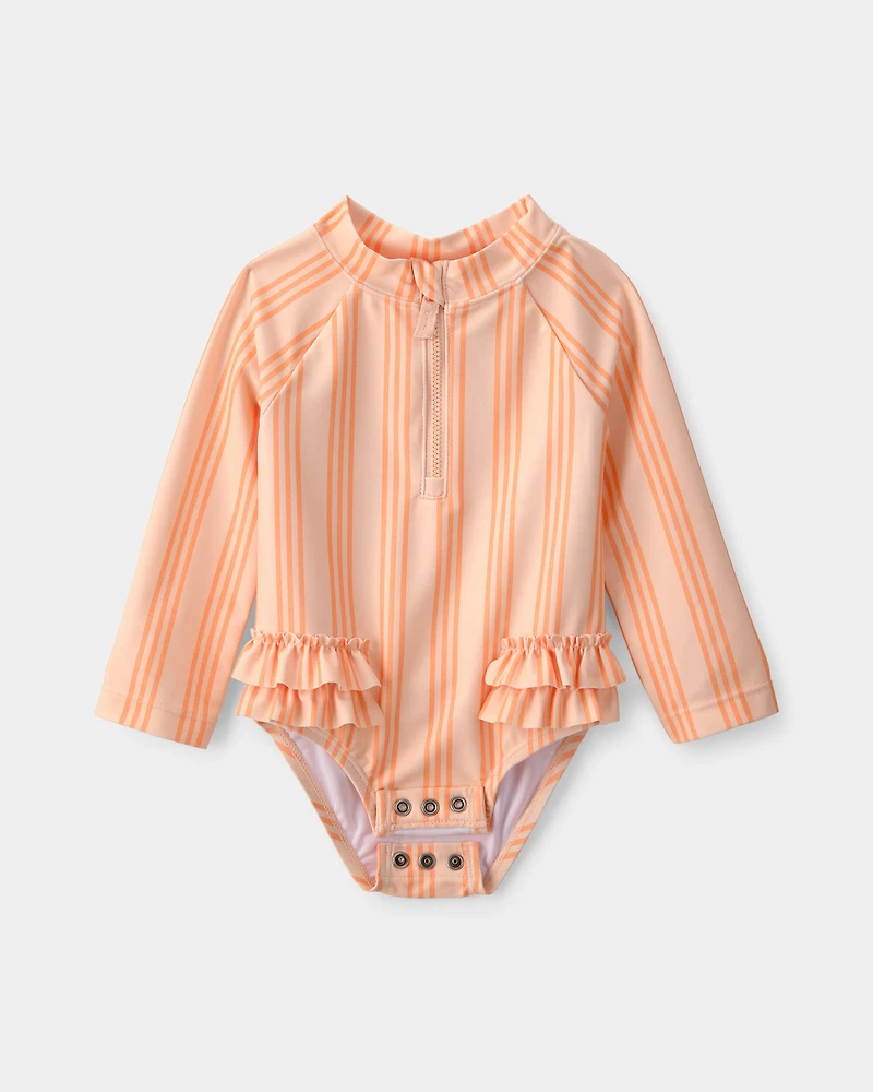 Baby Girl Striped Long-Sleeve 1-Piece Swimsuit - Orange