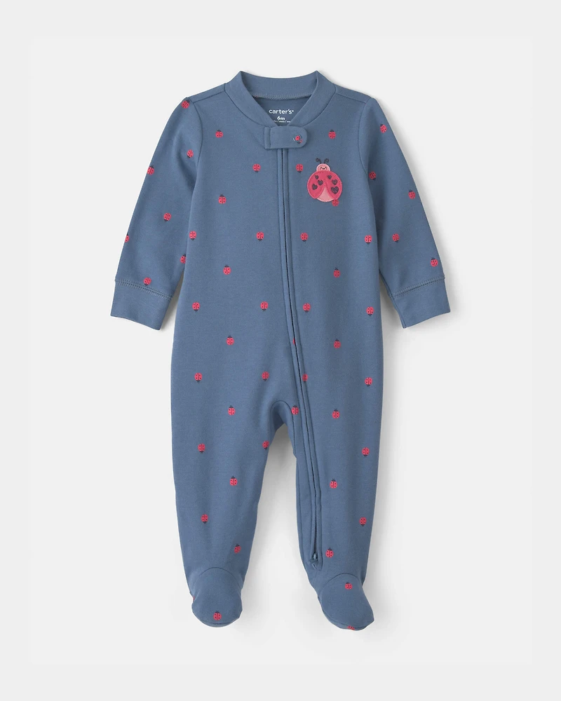 Baby Girl Ladybug 100% Cotton 2-Way Zip Sleeper - Blue