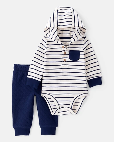 Baby Boy 2-Piece Striped Hooded Long-Sleeve Bodysuit Pant Set - White/Navy