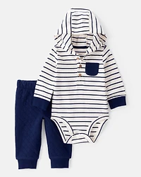 Baby Boy 2-Piece Striped Hooded Long-Sleeve Bodysuit Pant Set - White/Navy