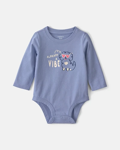 Baby Girl 'Already A Vibe' Dog Long-Sleeve Graphic Bodysuit - Blue
