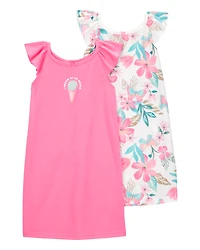 Girls 2-Pack Ice Cream Floral Nightgowns - Pink