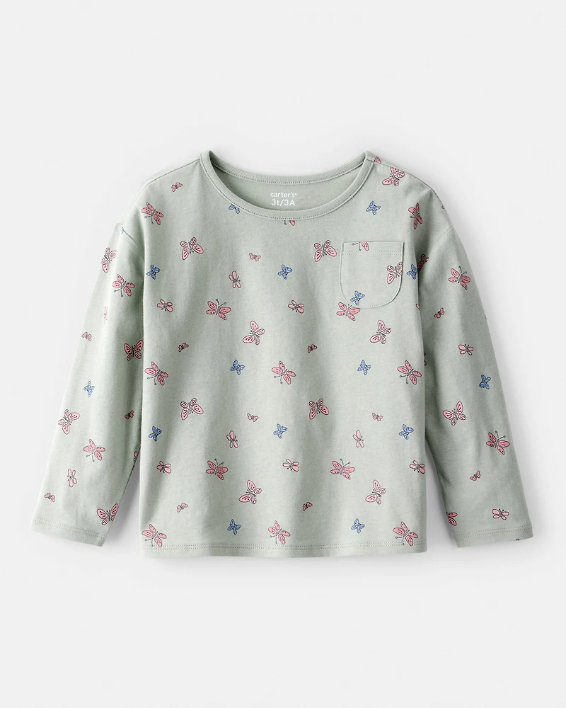 Toddler Girl Butterfly Print Long Sleeve Tee - Green