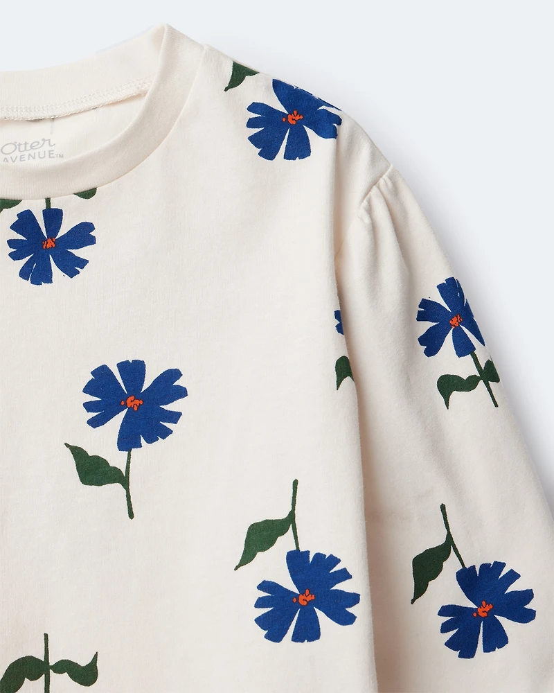 Toddler Girl Floral Long-Sleeve Relaxed Tee - Cream/Blue