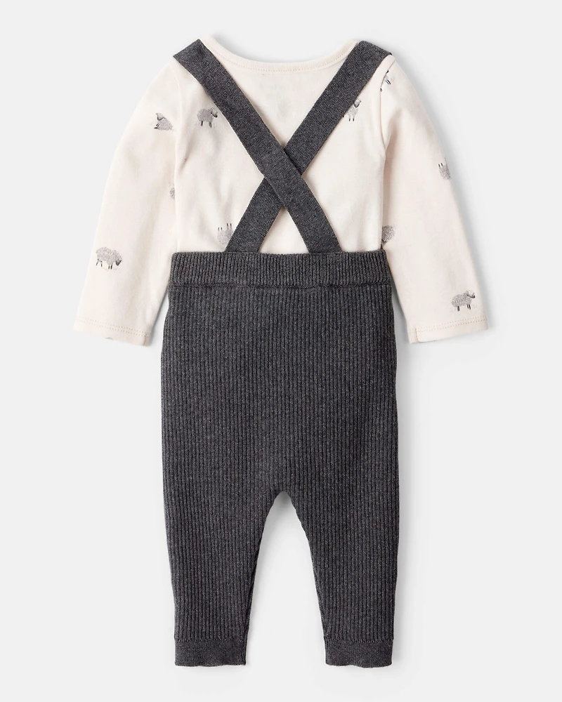 Baby Boy 2-Piece Sheep Print Cotton Long-Sleeve Overall Set - White/Grey