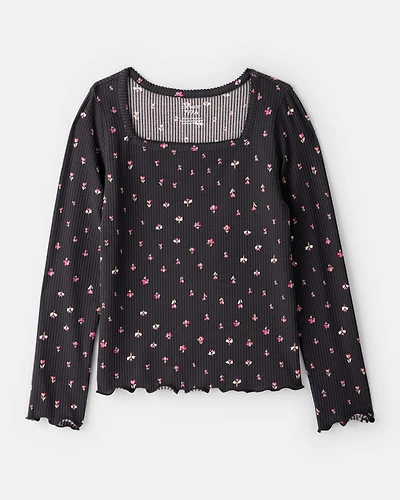 Girls Floral Ribbed Top - Grey