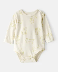 Baby Boy Dog Print Cotton Long-Sleeve Fashion Bodysuit - White