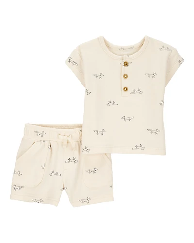 Baby 2-Piece Fox Print Tee & Short Set - Khaki