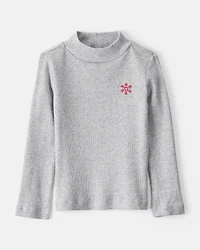 Toddler Girl Snowflake Mock Neck Rib Top - Grey