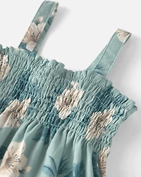 Toddler Girl  Smocked Linen Dress Made with Organic Cotton Blue Hibiscus