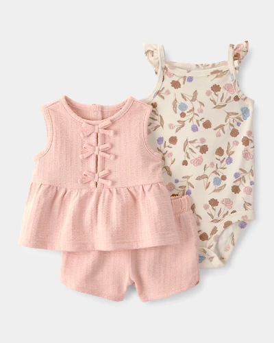 Baby Girl 3-Piece Striped Top & Short Set - Pink/Beige