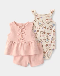 Baby Girl 3-Piece Striped Top & Short Set - Pink/Beige