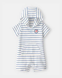 Baby Boy 'Oh Snap!' Lobster Stripe Short-Sleeve Hooded Romper - Blue/White