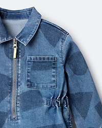 Toddler Girl Zip-Up Denim Shirt Dress with Shapes - Blue