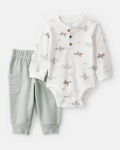 Baby Boy 2-Piece Airplane Thermal Bodysuit & Jogger Set - Green/White
