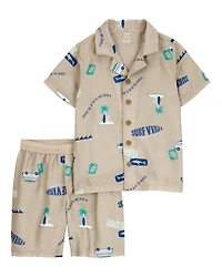 Boys Tropical Print Loose Fit 2-Piece Pyjamas - Khaki