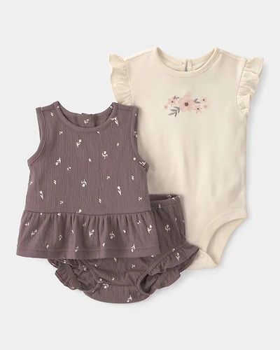 Baby Girl 3-Piece Top & Short Set - Brown