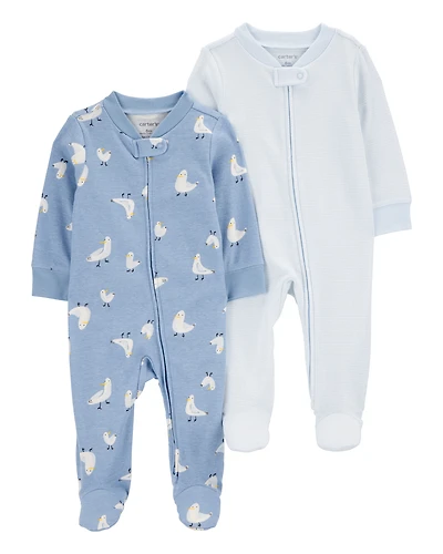 Baby Girl 2-Pack Pelican Striped 2-Way Zip Cotton Sleeper Pyjamas - Blue