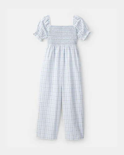 Girls Plaid Smocked Jumpsuit - Blue