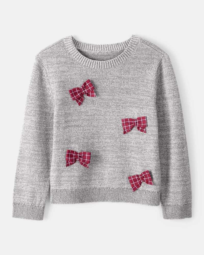 Toddler Girl Bow Cotton Long-Sleeve Sweater - Grey