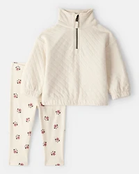 Baby Girl Quilted Quarter-Zip & Floral Legging Set - Cream