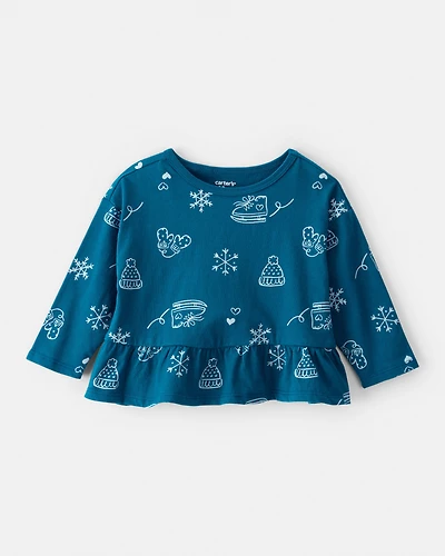 Baby Girl Winter Print Long-Sleeve Peplum Top - Blue