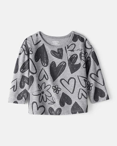 Baby Girl Heart Print Long-Sleeve Top - Grey