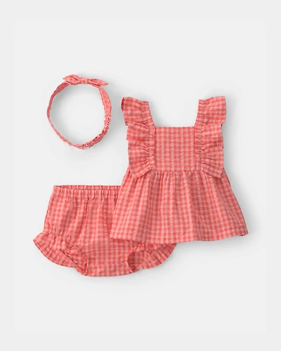 Baby Girl 3-Piece Gingham Top & Short Set - Pink