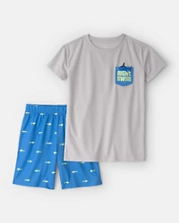 Boys Shark Short-Sleeve Loose Fit 2-Piece pyjama Set - Grey/Blue