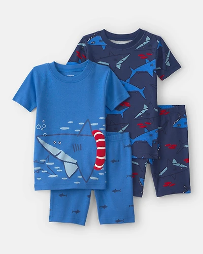 Toddler Boy Shark 100% Cotton Short-Sleeve Snug Fit 4-Piece pyjama Set - Blue