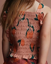 Toddler Girl Smocked Bib Top Clementine Grove Print - Peach