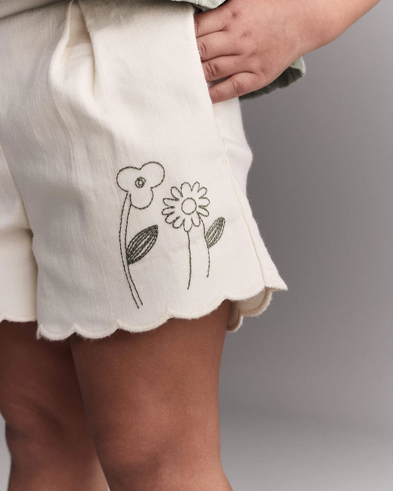 Toddler Girl Floral Scalloped Short - Cream