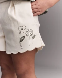 Toddler Girl Floral Scalloped Short - Cream