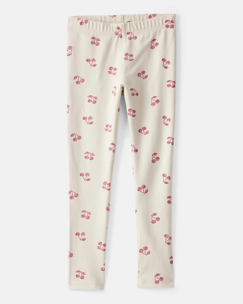 Girls Cherry Print Cotton Pull-On Stretch Leggings - Ivory