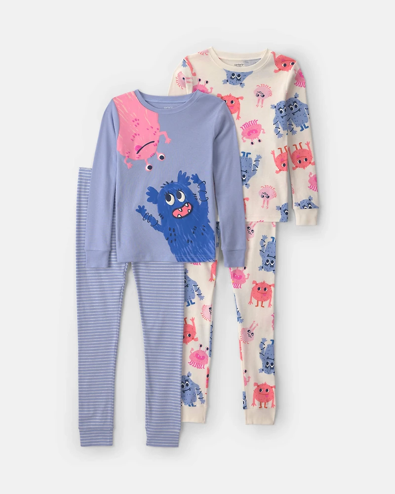 Girls 4-Piece Monster 100% Cotton Snug Fit Pyjama Set - Blue/Cream