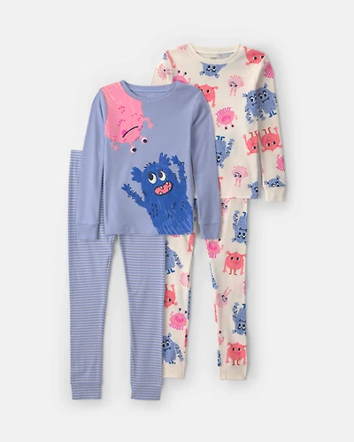 Girls 4-Piece Monster 100% Cotton Snug Fit Pyjama Set - Blue/Cream