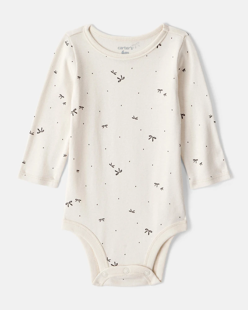 Baby Girl Bow Print Cotton Long-Sleeve Dress Set - White/Grey