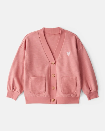 Toddler Girl Heart Cotton Long-Sleeve Cardigan Sweater - Pink