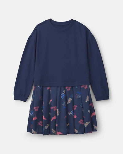 Girls Long Sleeve Cheer Print Dress - Navy